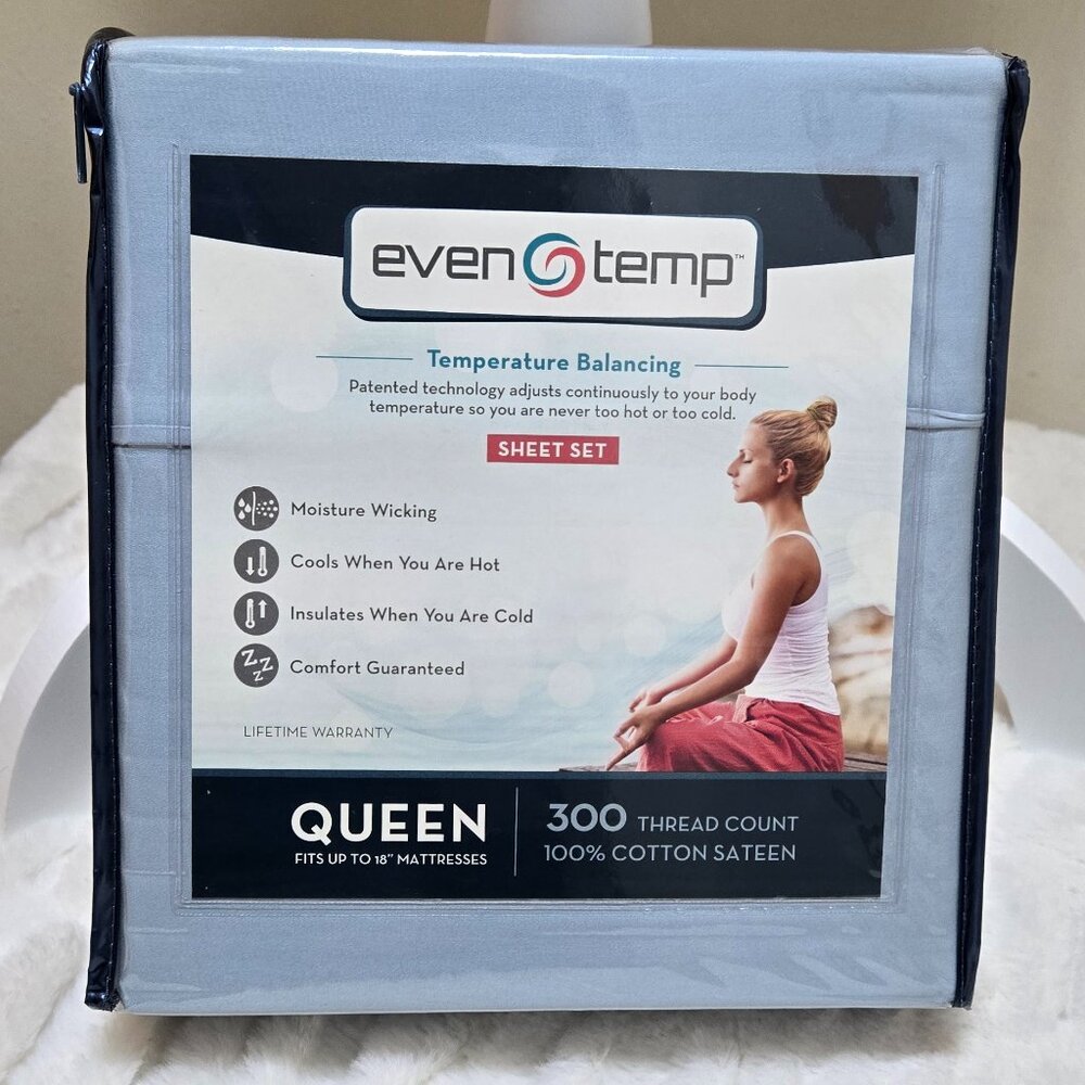 Queen Bed Sheet Set Even Temp 300 Thread Count Sky Blue (NWT) Still in Package